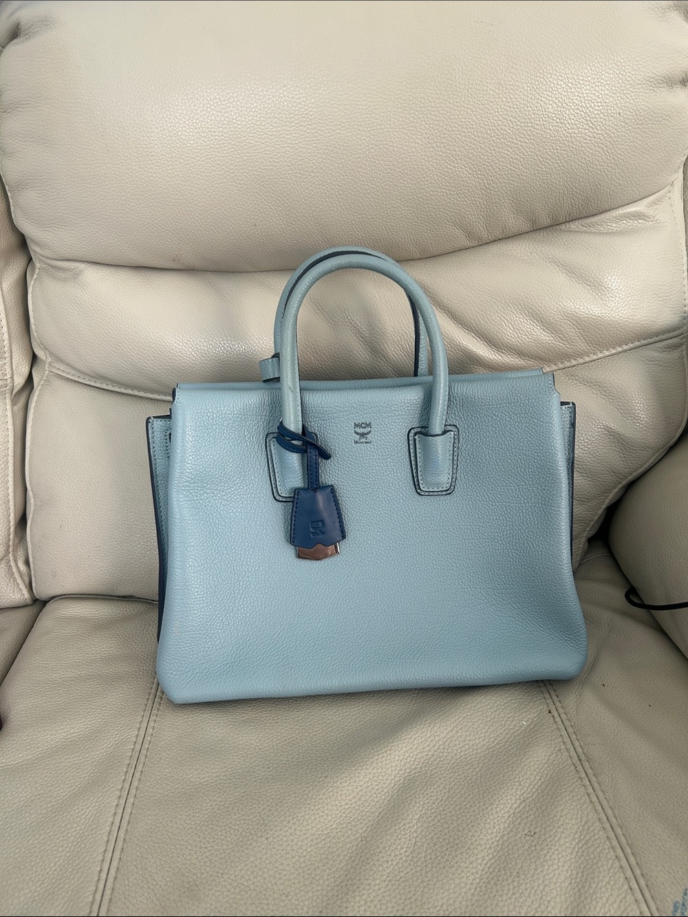 MCM Light Blue Pebbled Leather Satchel with Navy Tag